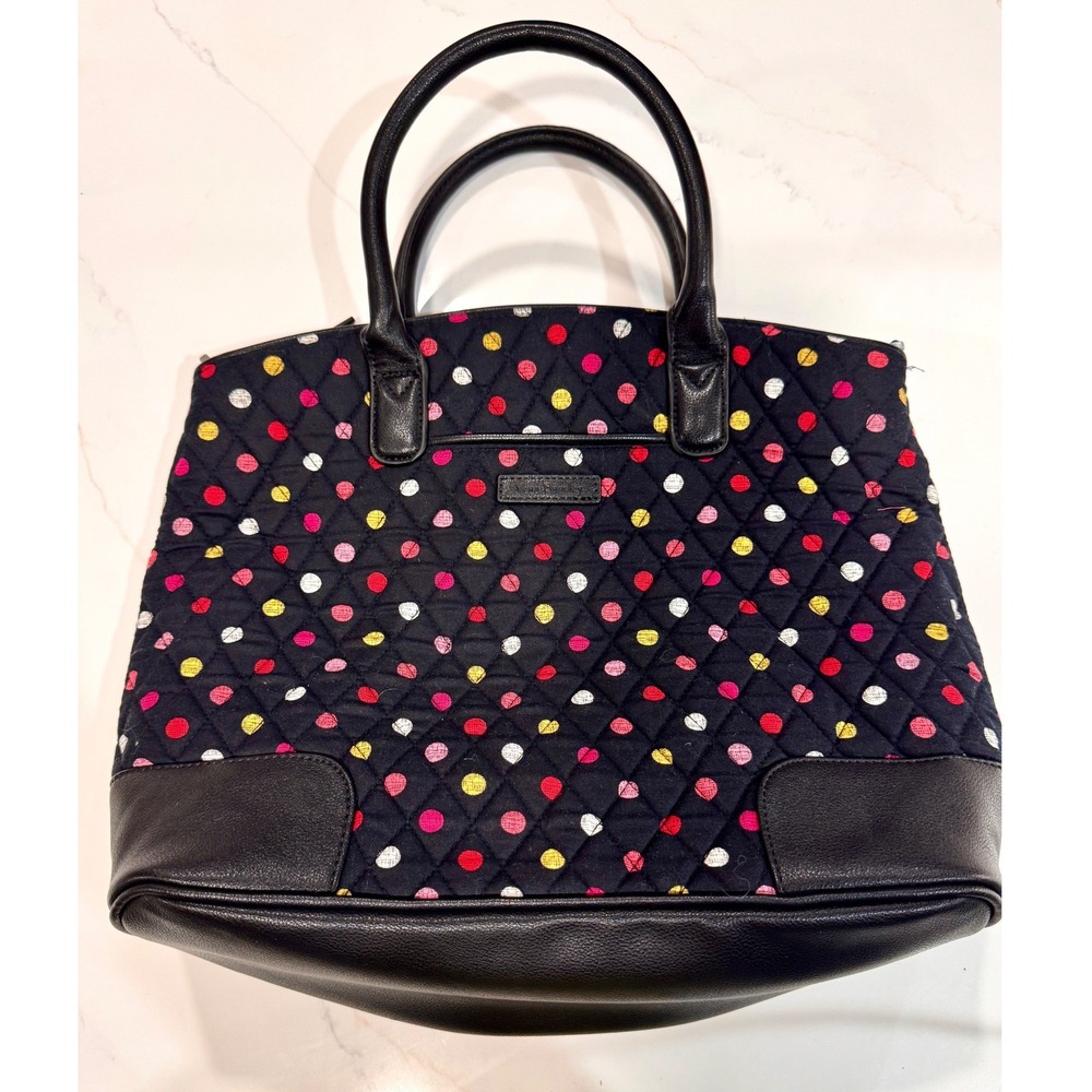 Vera Bradley Quilted Polka Dot Tote Bag Black Faux Leather Trim Floral Lining